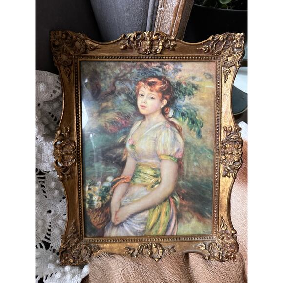 Vintage Pierre AugusteRenoir Young Girl With Basket Of Flowers Print gold frame - Picture 7 of 10